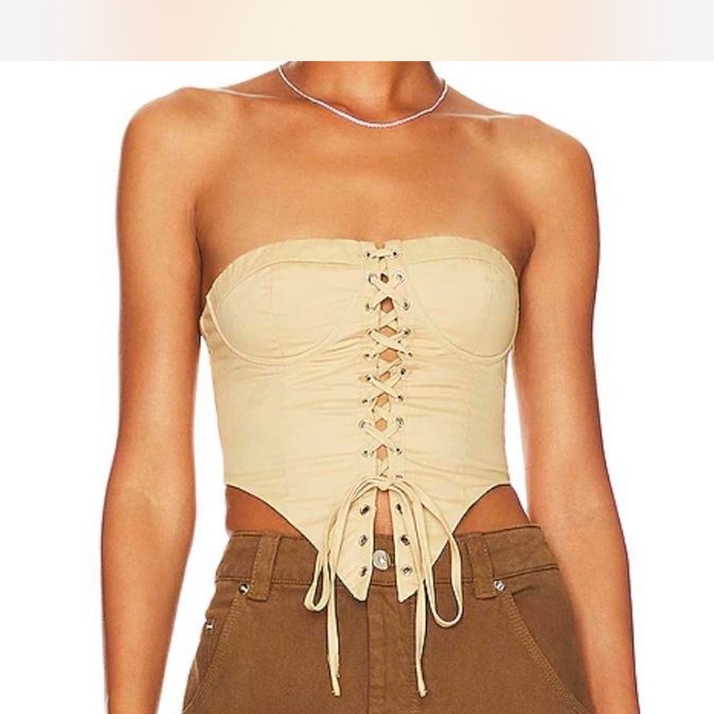 Superdown Ashlyn Lace Up Top in Beige